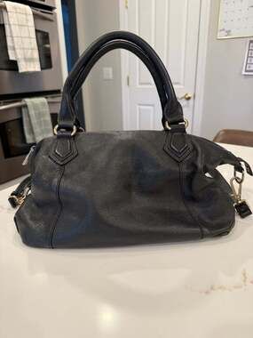 Ora Delphine Black Pebbled Leather Bowler Satchel Bag